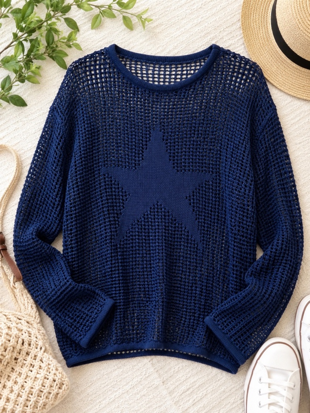 Edikted Navy Star Open Knit 100% Cotton Pullover Sweater XS Oversize